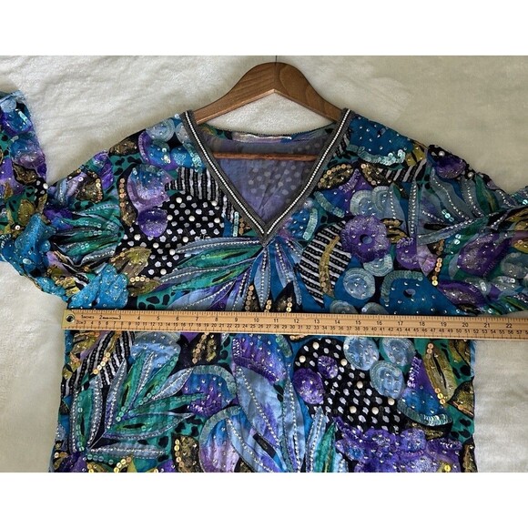 Vintage Shirt Large Floral Silk Beaded Art Wear Artsy Multi Print Sequins Pearl - Picture 6 of 9
